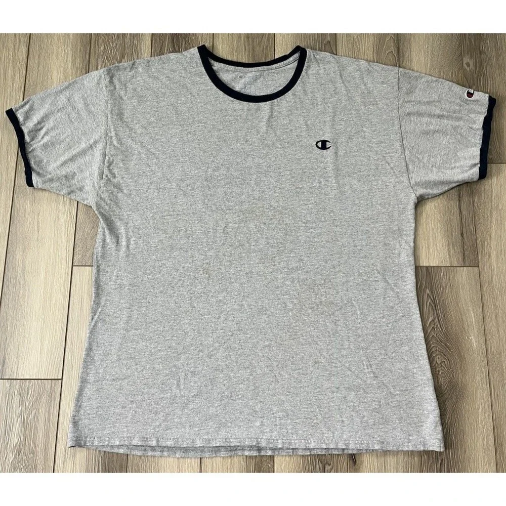 Champion Gray/Navy Collar Men's Short Sleeve Cotton Tee Regular Sz 2XL - Picture 2 of 9